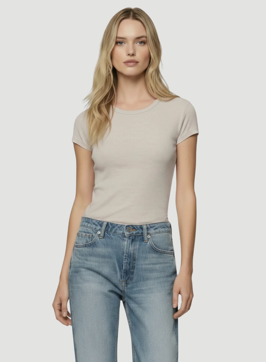 Camiseta de cuello redondo y manga corta de canalé de lyocell y algodón para bebé