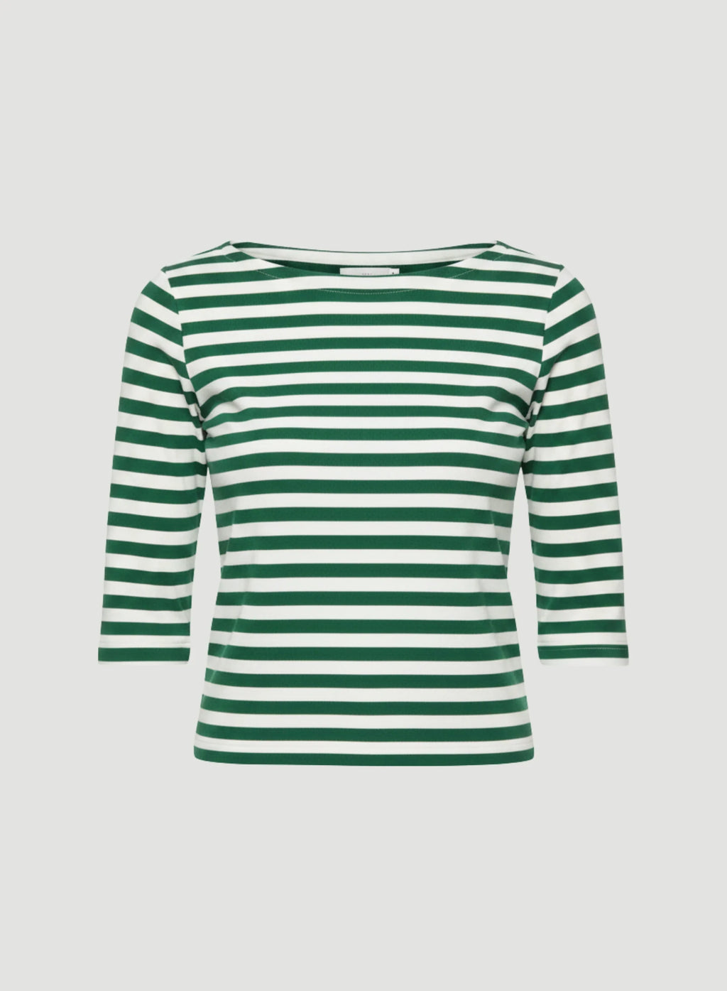 Camiseta de lino elástico a rayas con escote barco y manga tres cuartos