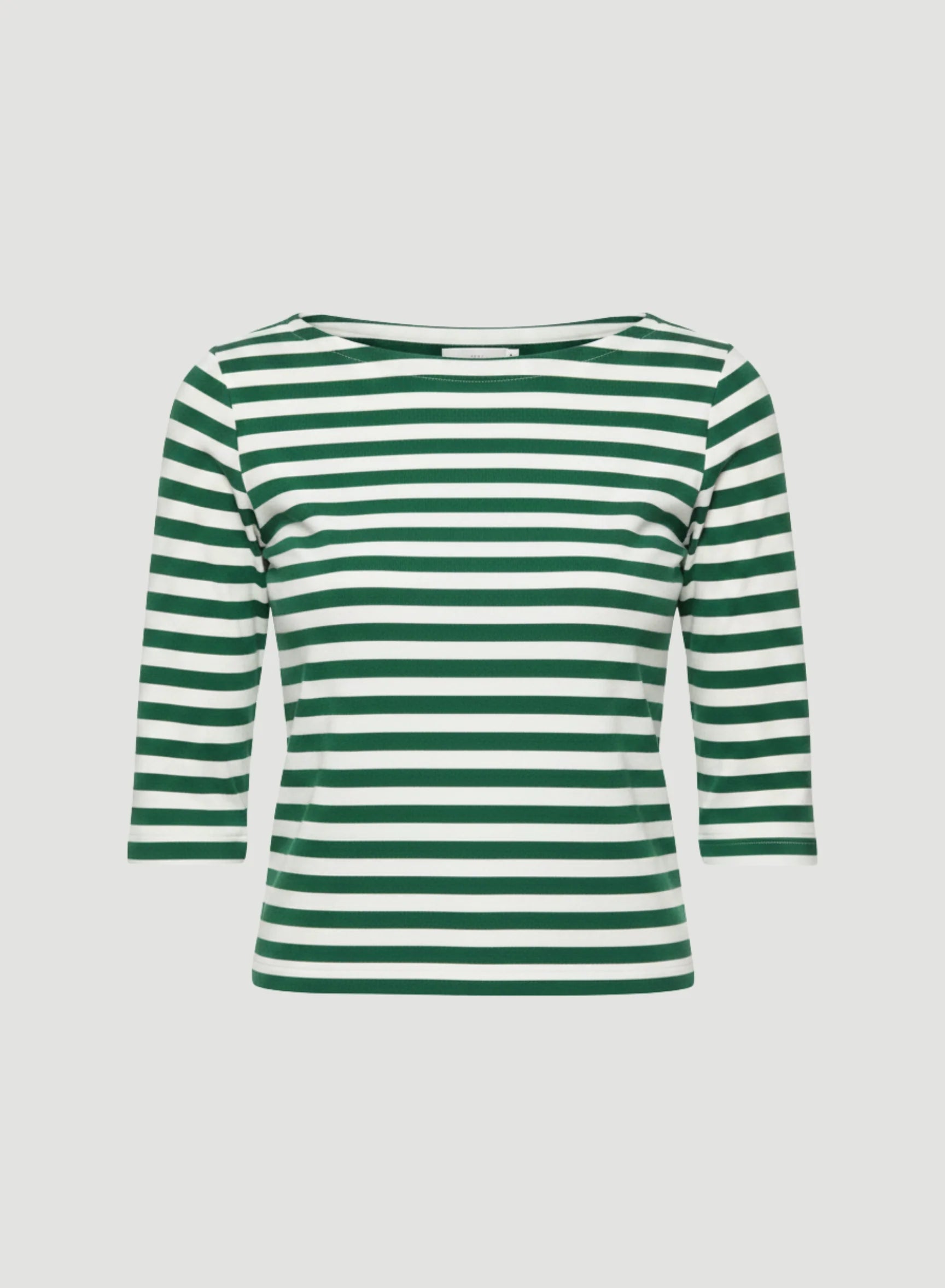 Camiseta de lino elástico a rayas con escote barco y manga tres cuartos