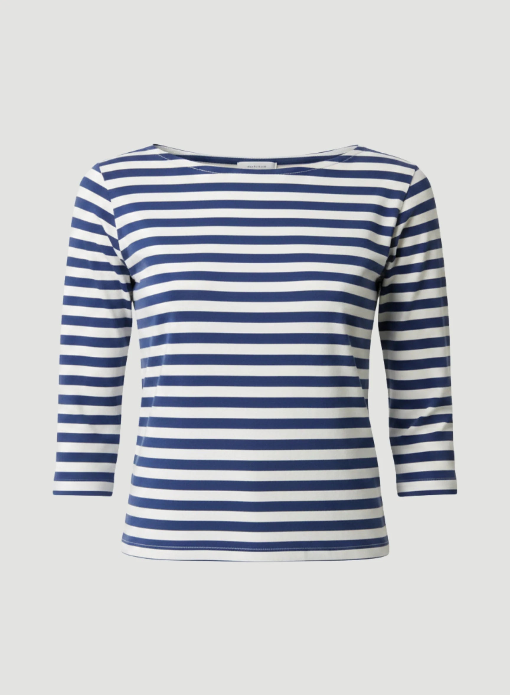 Camiseta de Lino Elástico de Manga Tres Cuartos con Escote Barco a Rayas