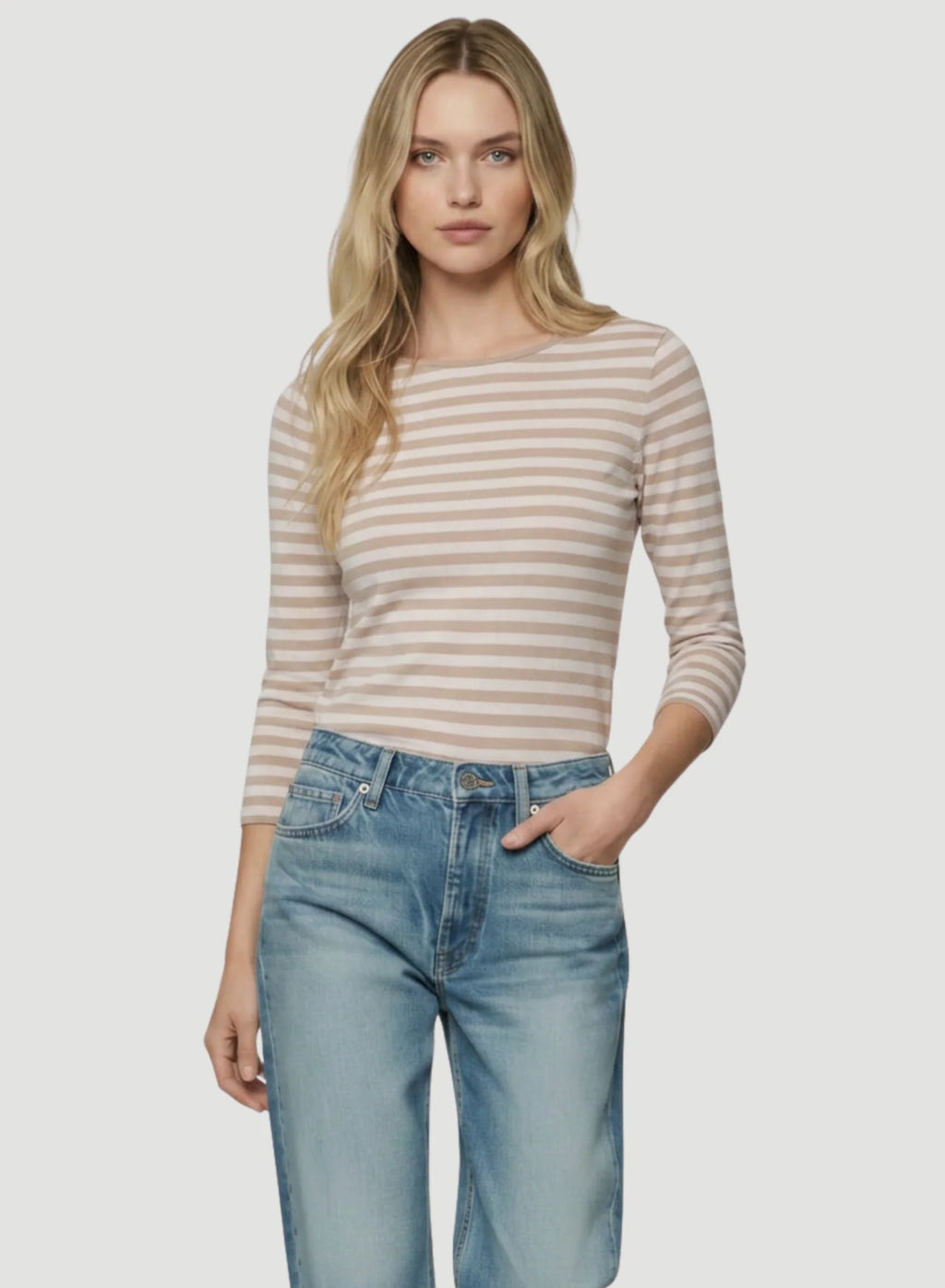 Camiseta de Lino Elástico de Manga Tres Cuartos con Escote Barco a Rayas