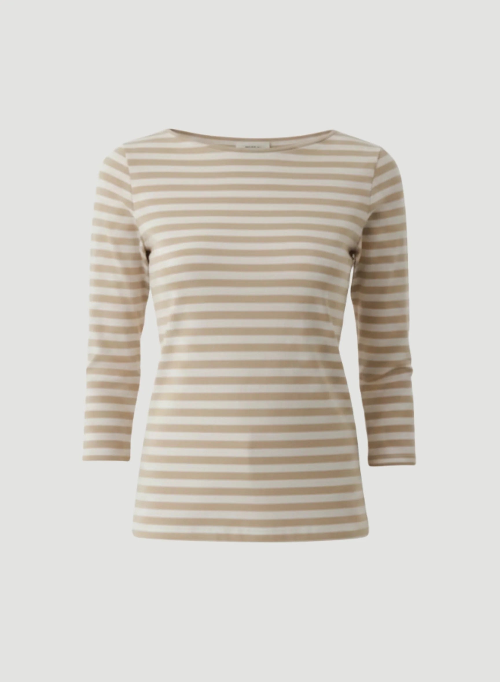 Camiseta de Lino Elástico de Manga Tres Cuartos con Escote Barco a Rayas