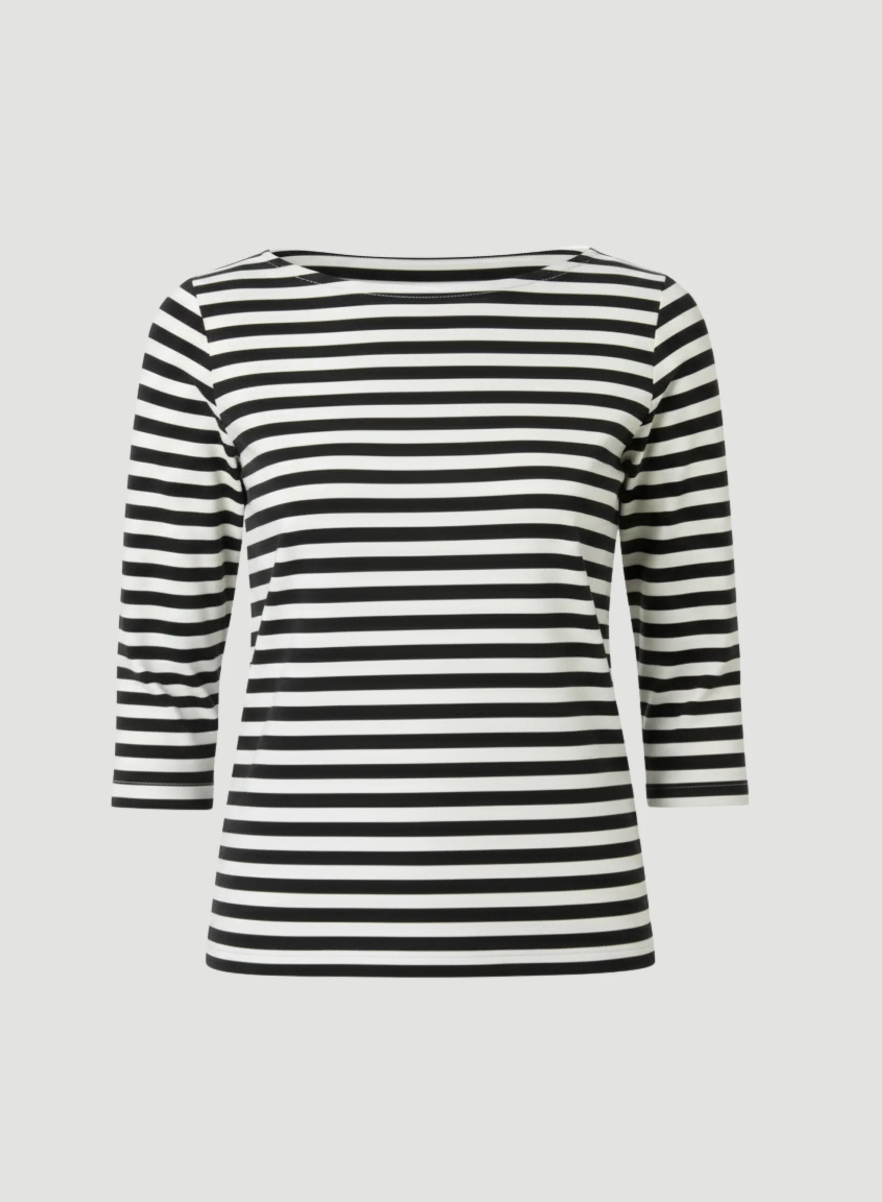 Camiseta de lino elástico a rayas con escote barco y manga tres cuartos
