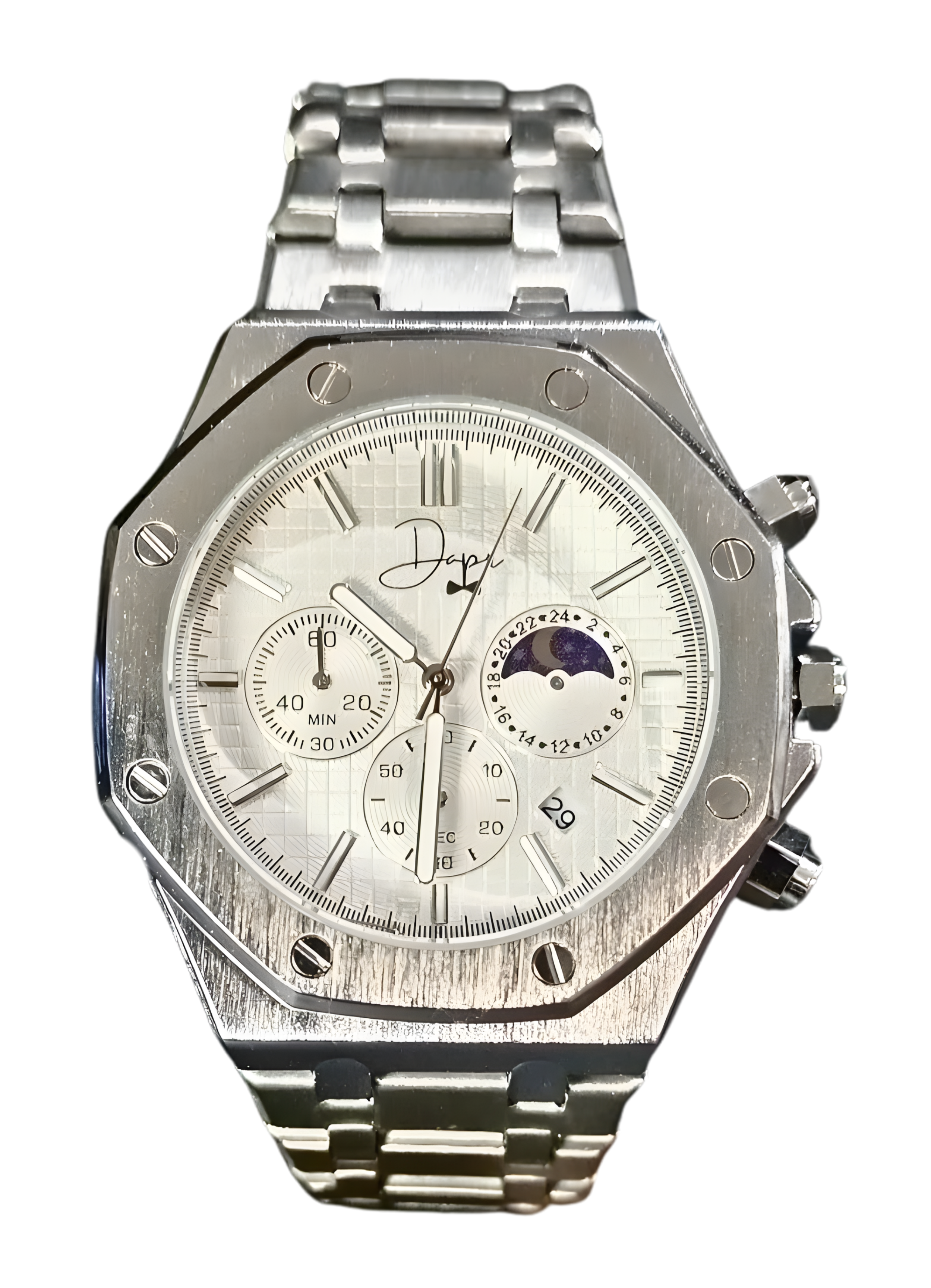 Reloj de Acero Inoxidable Plateado – Esfera Blanca ChronoLunar de Dapper Watches