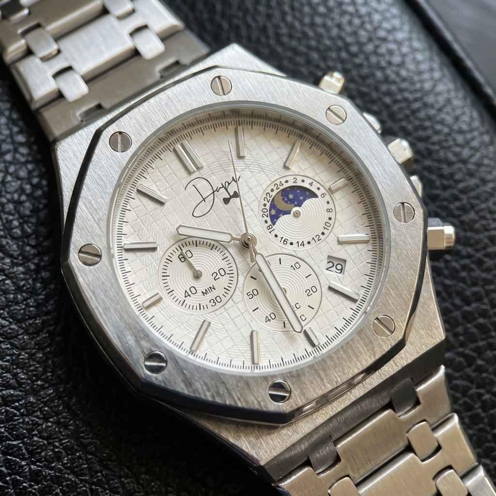 Reloj de Acero Inoxidable Plateado – Esfera Blanca ChronoLunar de Dapper Watches
