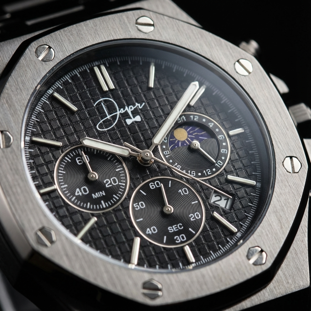 Reloj cronógrafo de acero inoxidable - Esfera negra ChronoLunar de Dapper Watches