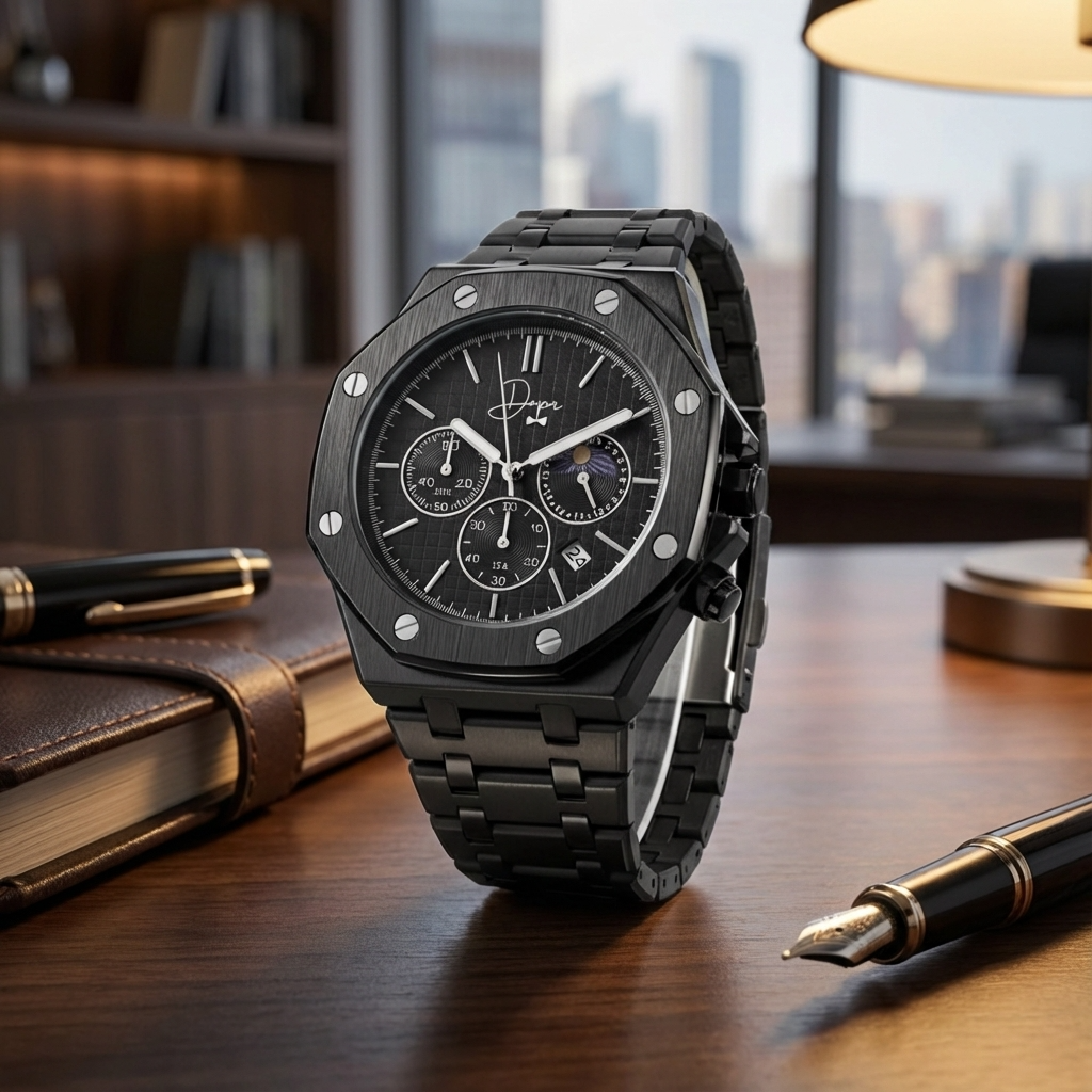 Reloj de Acero Inoxidable Negro - ChronoLunar Todo Negro de Dapper Watches