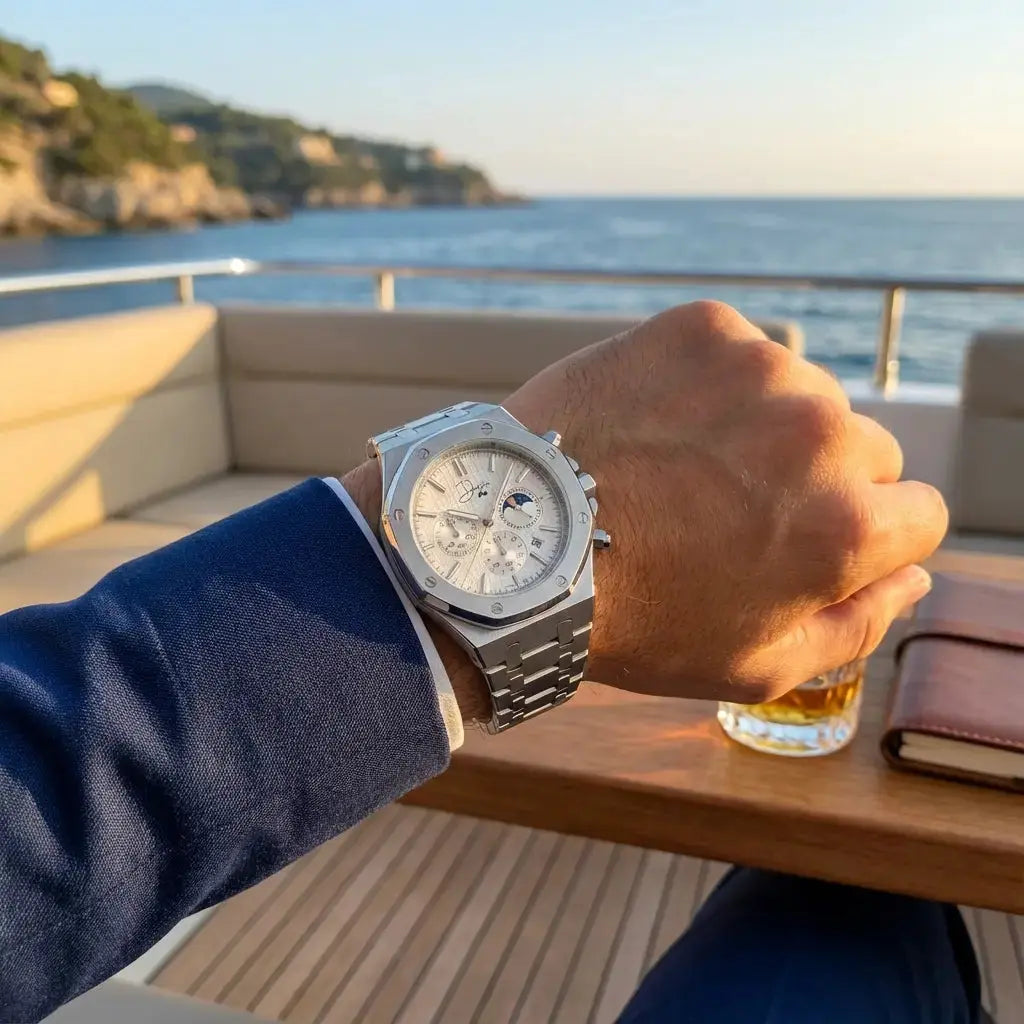 Reloj de Acero Inoxidable Plateado – Esfera Blanca ChronoLunar de Dapper Watches