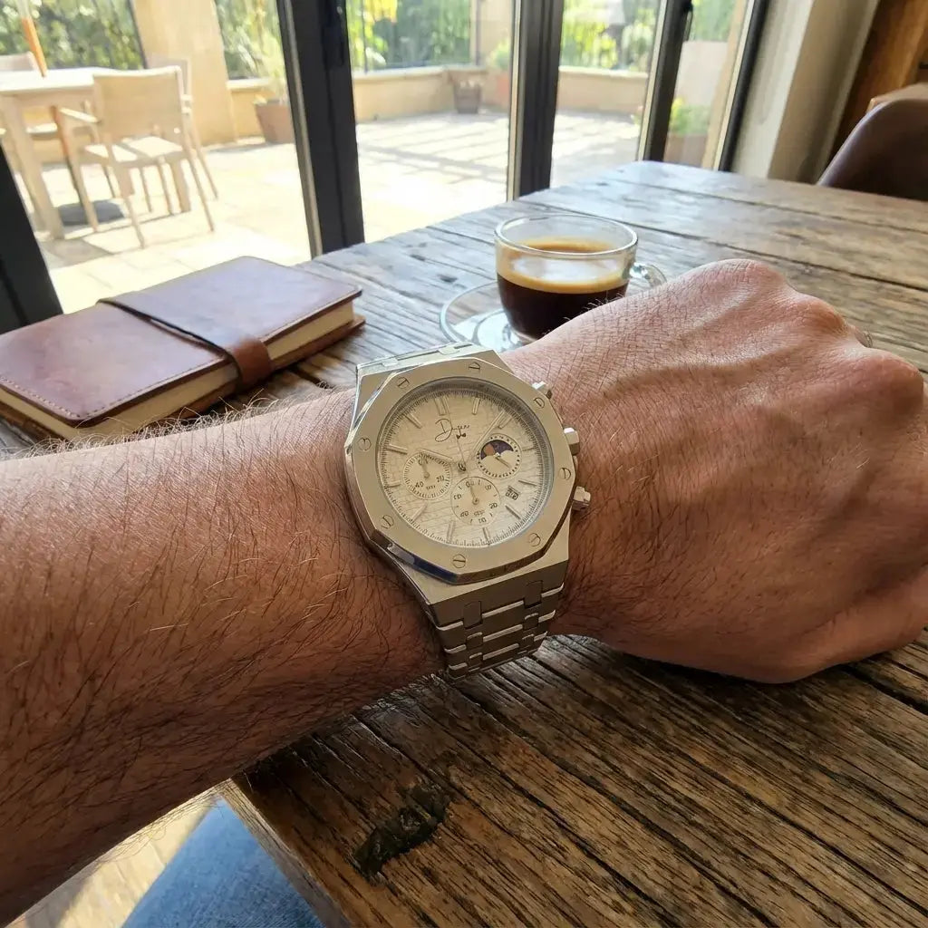 Reloj de Acero Inoxidable Plateado – Esfera Blanca ChronoLunar de Dapper Watches