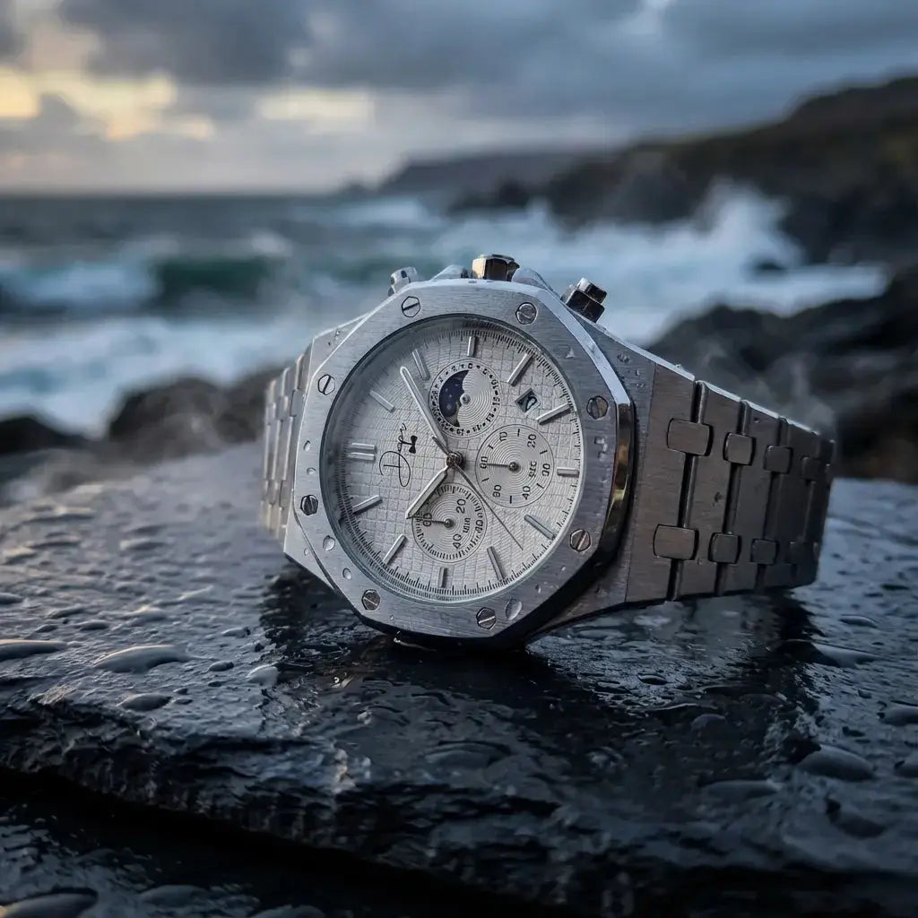 Reloj de Acero Inoxidable Plateado – Esfera Blanca ChronoLunar de Dapper Watches