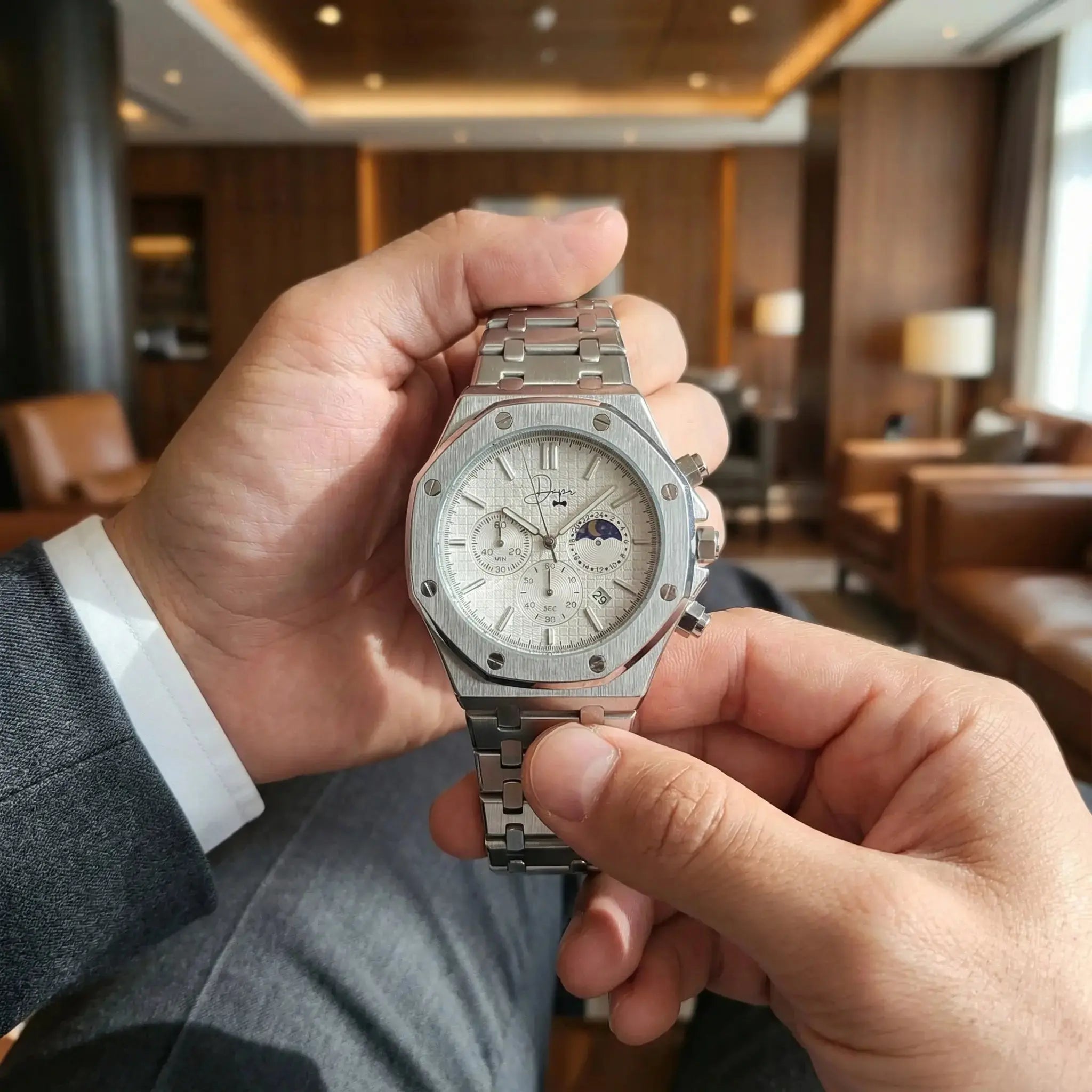 Reloj de Acero Inoxidable Plateado – Esfera Blanca ChronoLunar de Dapper Watches