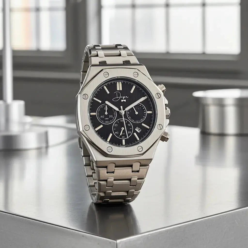Reloj cronógrafo de acero inoxidable - Esfera negra ChronoLunar de Dapper Watches