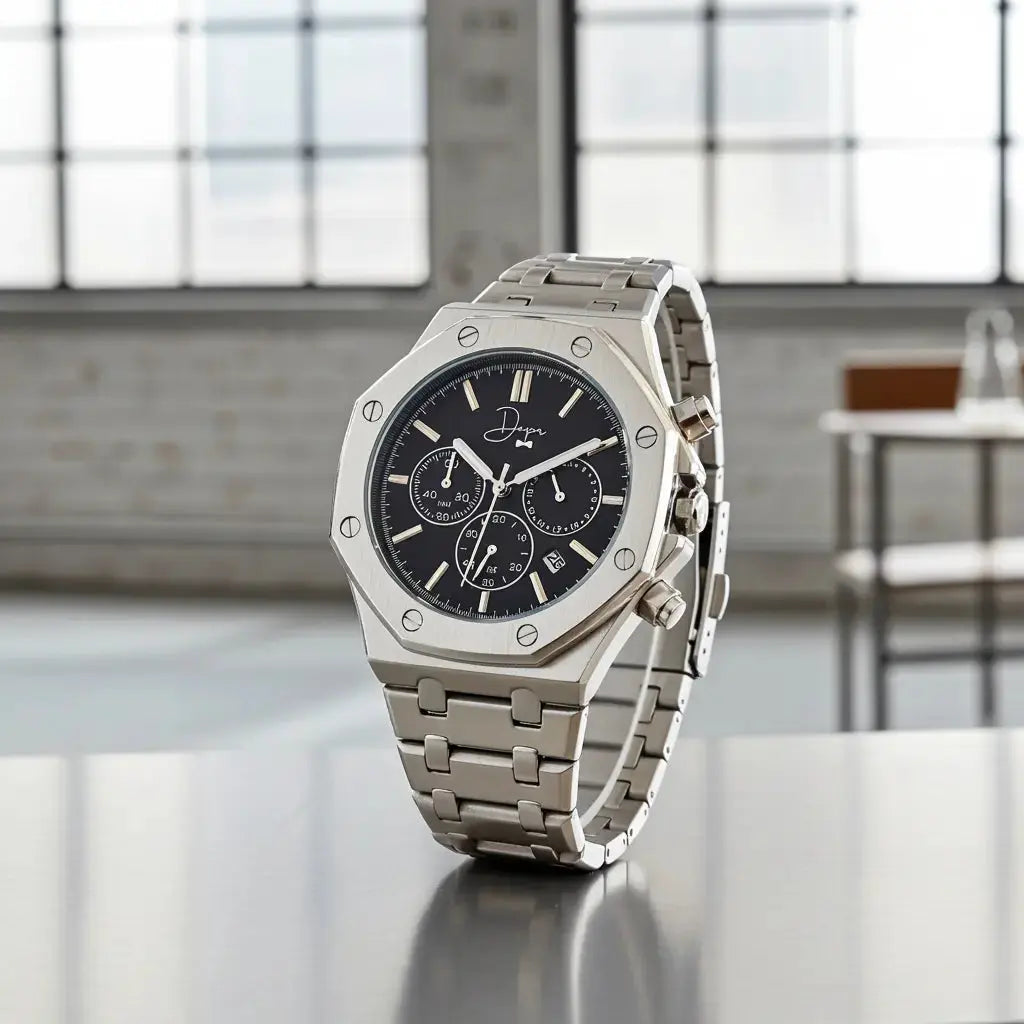 Reloj cronógrafo de acero inoxidable - Esfera negra ChronoLunar de Dapper Watches