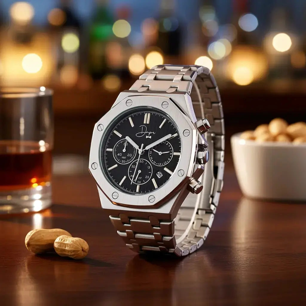 Reloj cronógrafo de acero inoxidable - Esfera negra ChronoLunar de Dapper Watches